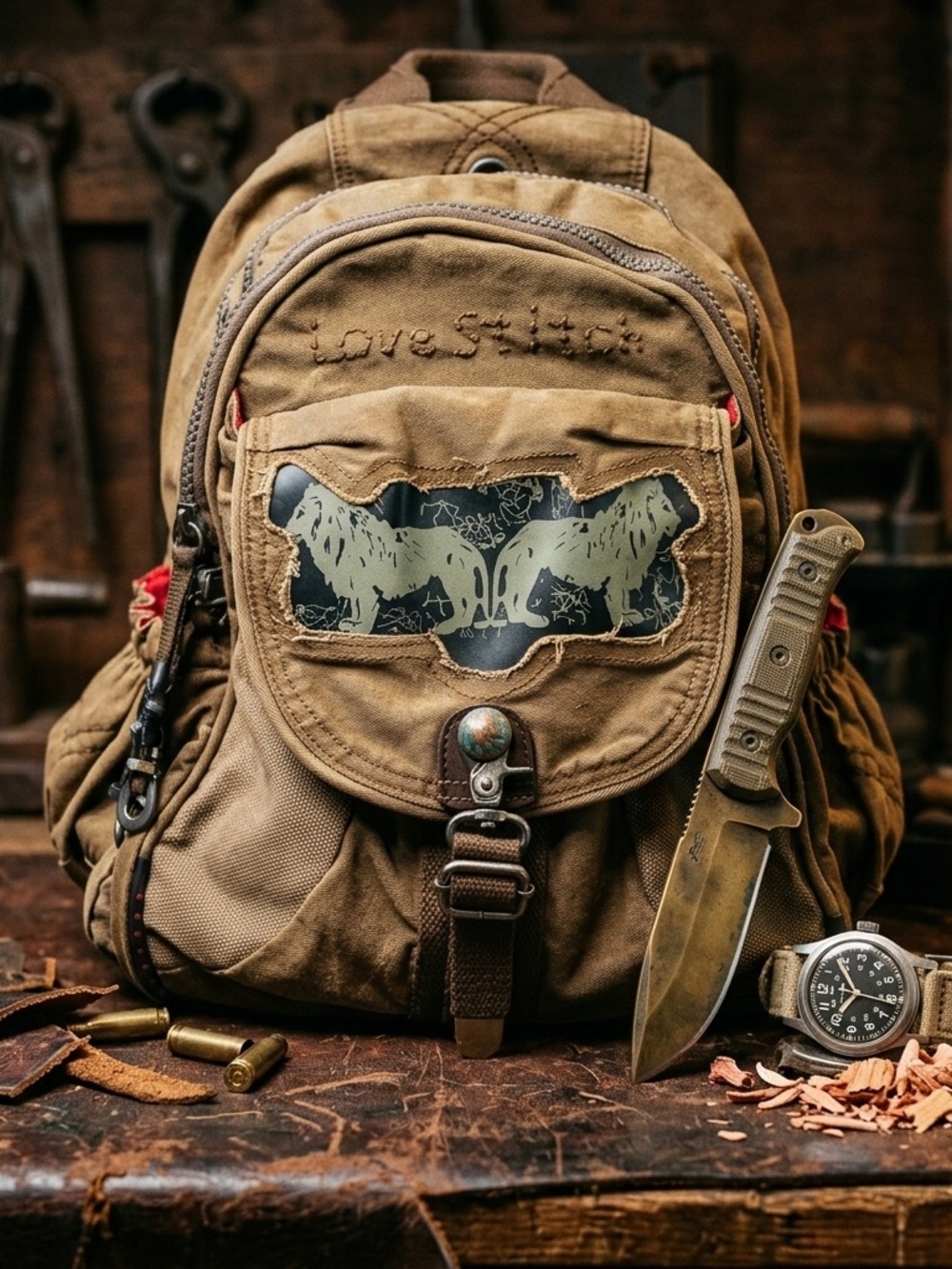 Unique VNTG Love Stitch Rugged Canvas Backpack - Edgy Lion Patch, Distress Look